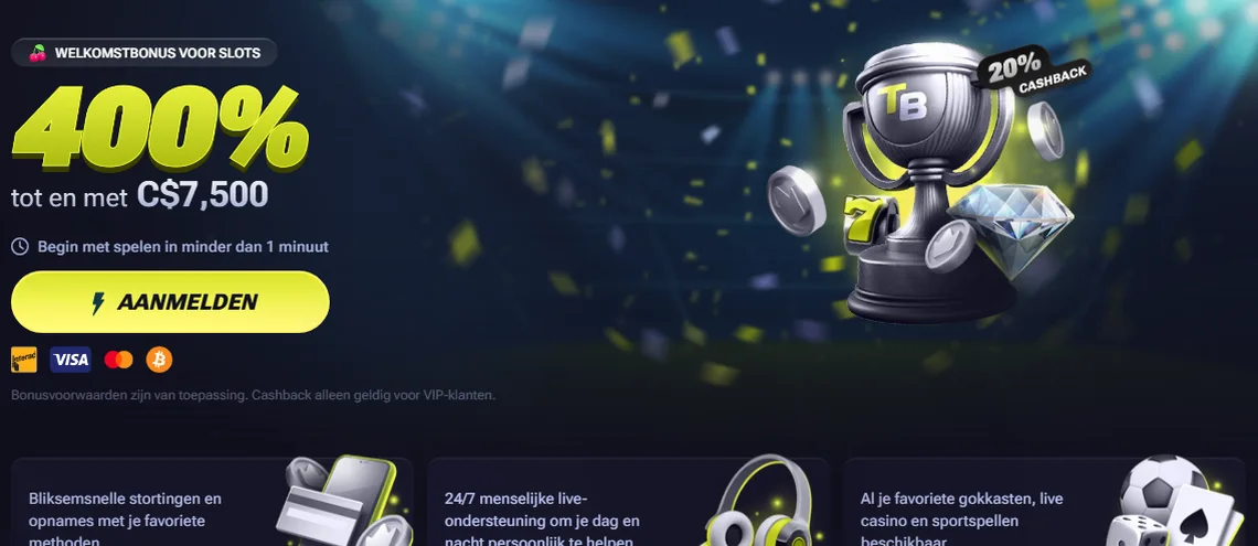 TenoBet — Slots pakket tot 400% tot € 5.000 over 4 stortingen; Sport pakket tot 300% tot € 3.000 over 4 stortingen